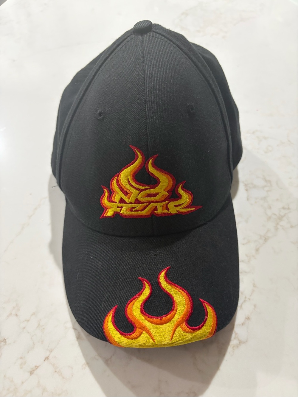 Vintage Y2K No Fear Flame A-Flex Hat Black Embroidered Fire Skater Cap L/XL